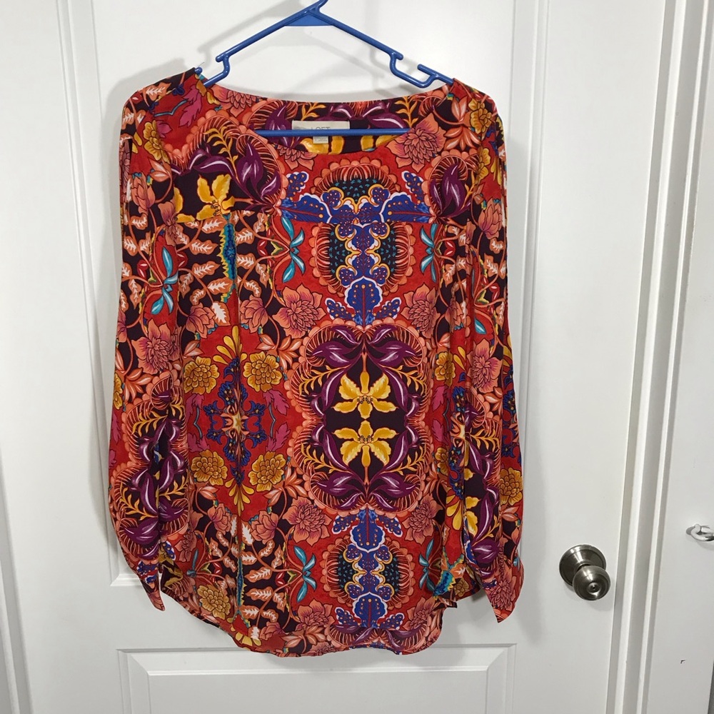 LOFT Floral Open Long Sleeve Blouse in Red and Yellow Large NWT